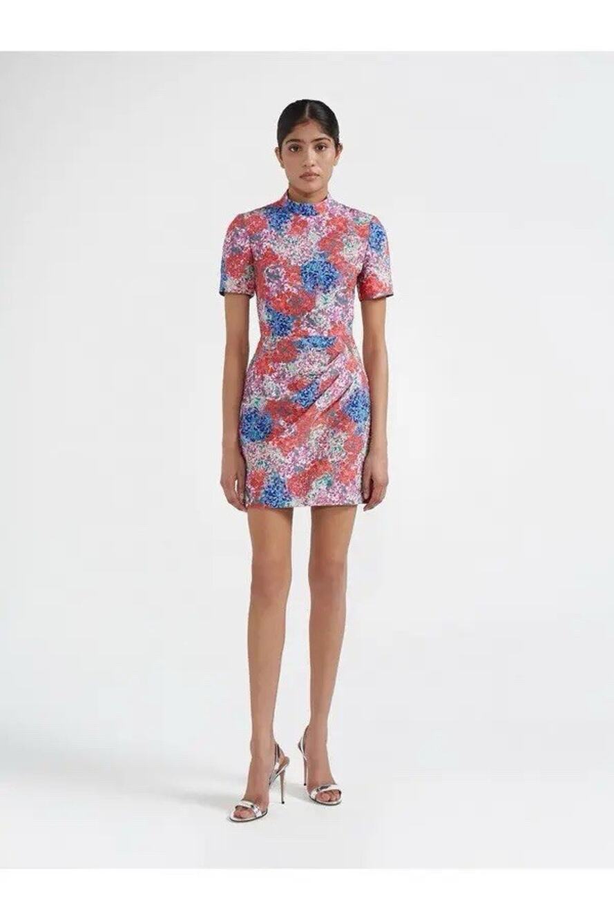 NEW Saloni Draped Floral-Print Cloqué Waffle Fabric Mini dress Sz 4 Small NWOT